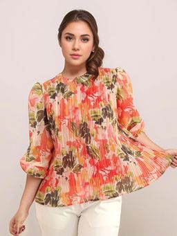 Zink London - Womens Multi-Color Floral Prints Puff Sleeves Top