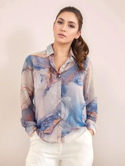 Zink London - Womens Multi-Color Abstract Prints Short Sleeves Shirt
