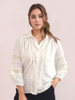 Zink London - Womens White Solid Long Sleeves Shirt