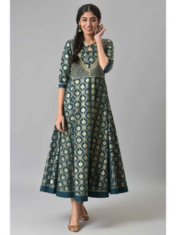 Aurelia - Green Heavy Festive Flared Dress With Mock Embroidered Jacket