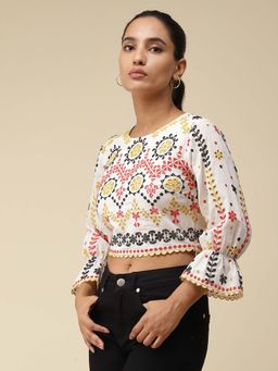 Label Ritu Kumar - White Embroidered Crop Top