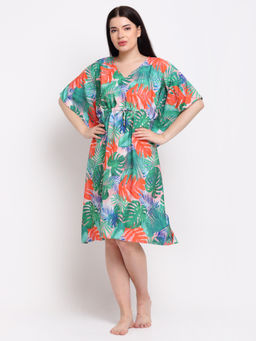 AOBA - Women Green Tropical Printed Kaftan Nightdress