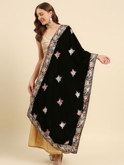 Dupatta Bazaar - Womens Parsi Gara Thread Work Embroidered Black Velvet Dupatta