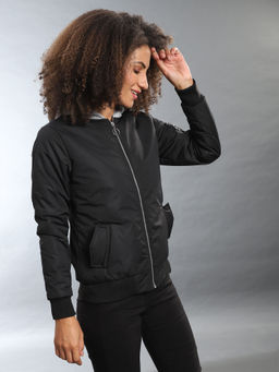 Campus Sutra - Black Women Solid Stylish Casual Windcheater Jacket