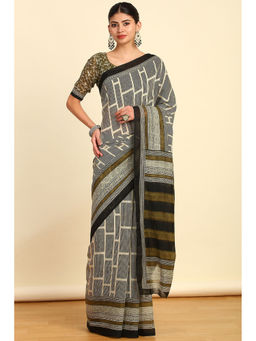 Soch - Womens Green Geometric Printed Linen Saree with Unstitched Blouse