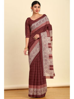 Soch - Womens Maroon Floral Printed Linen Saree with Unstitched Blouse