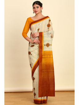 Soch - Womens Mustard Floral Printed Linen Saree with Unstitched Blouse