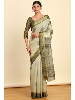 Soch - Womens Green Ethnic Motifs Printed Cotton Saree with Unstitched Blouse