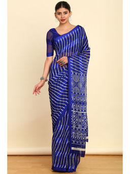 Soch - Womens Blue Leheriya Printed Chiffon Saree with Unstitched Blouse