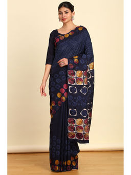 Soch - Womens Navy Blue Geometric Printed Chiffon Saree with Unstitched Blouse