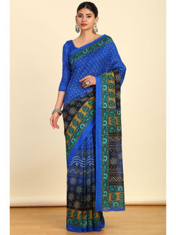 Soch - Womens Blue Bandhani Printed Art Silk Saree with Unstitched Blouse