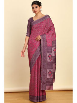 Soch - Womens Pink & Purple Botanical Printed Art Silk Saree with Unstitched Blouse
