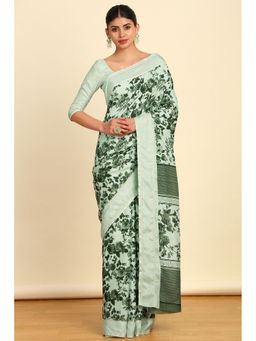 Soch - Womens Light Green Floral Printed Art Silk Saree with Unstitched Blouse