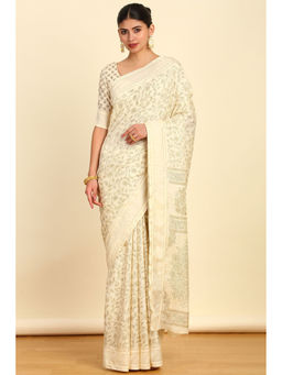 Soch - Womens Cream & Olive Floral Printed Art Silk Saree with Unstitched Blouse