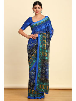 Soch - Womens Indigo Bandhani Printed Chiffon Saree with Unstitched Blouse