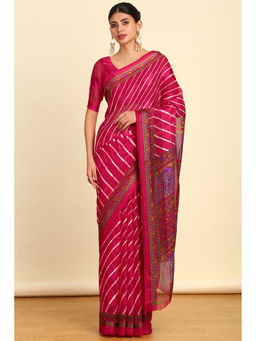 Soch - Womens Fuchsia Pink Leheriya Printed Chiffon Saree with Unstitched Blouse