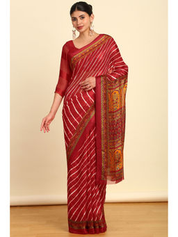 Soch - Womens Red Leheriya Printed Chiffon Saree with Unstitched Blouse