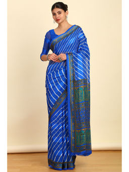 Soch - Womens Blue Leheriya Printed Chiffon Saree with Unstitched Blouse