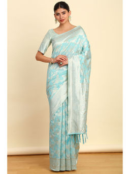 Soch - Womens Turquoise Art Silk Princess Line Cut Woven Saree with Unstitched Blouse