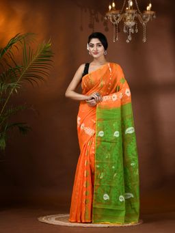 DESH BIDESH - Orange Resham Dhakai Jamdani Cotton Handloom Jamdani Saree without blouse