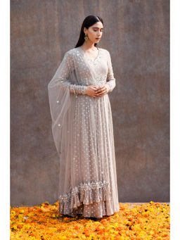 Silky Bindra - Back Cut-Out Mirror Work Anarkali (Set of 2)