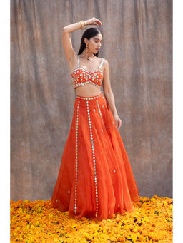 Silky Bindra - V-Hem Mirror Bustier & Lehenga (Set of 3)