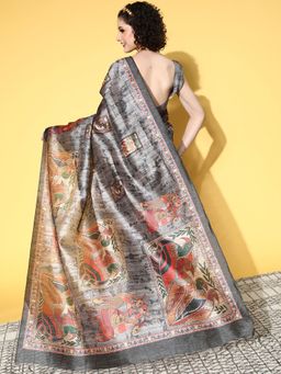 Sareemall - Manipuri Silk Charcoal Grey Printed Saree With Unstitched Blouse