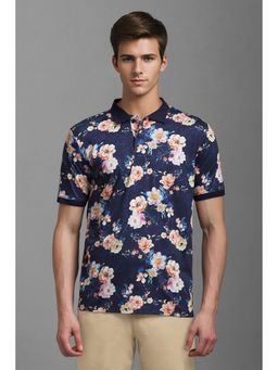 Louis Philippe - Men Navy Blue Floral Print Polo T-Shirt