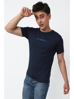 Peter England - Men Navy Graphic Print Round Crew Neck Graphic T-Shirts