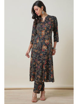 Soch - Womens Black Ethnic Motifs Floral Print Rayon Kurta with Pant (Set of 2)