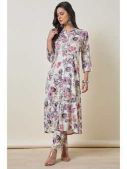Soch - Womens Off White Rayon Floral Print Kurta with Pant (Set of 2)