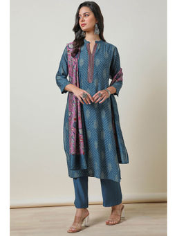Soch - Womens Blue Bandhani Print Kurta with Pant and Dupatta (Set of 3)