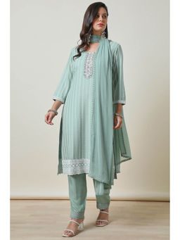 Soch - Womens Sea Green Embroidered Kurta with Pant and Dupatta (Set of 3)