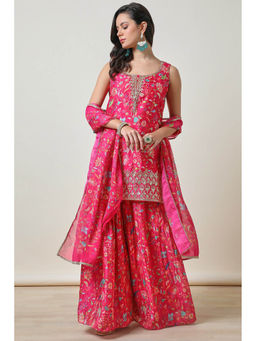 Soch - Womens Fuchsia Pink Print Kurti with Palazzo and Dupatta (Set of 3)