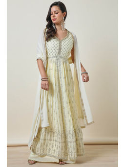 Soch - Womens Cream Embellished Alia Cut Kurta with Palazzo and Dupatta (Set of 3)
