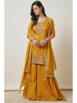 Soch - Womens Mustard Woven Embroidered Kurti with Palazzo and Dupatta (Set of 3)