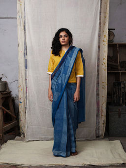 Banana Labs - Grade Blue Saree with Yellow Crop Top