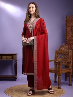 HRITIKA - Maroon Silk Blend Kurta With Pant & Dupatta
