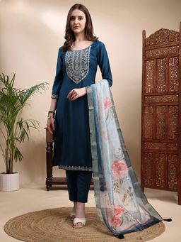 HRITIKA - Teal Silk Blend Kurta With Pant & Dupatta