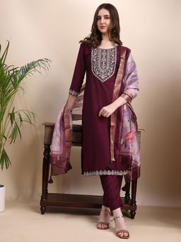HRITIKA - Wine Silk Blend Kurta With Pant & Dupatta