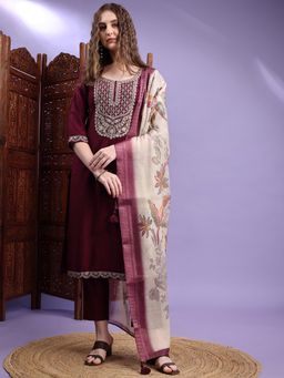 HRITIKA - Wine Silk Blend Kurta With Pant & Dupatta