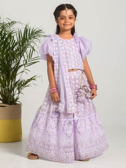 FREE SPARROW - Lavender Thread Work Lehenga with Distinctive Flounce Sleeves (Set of 3)