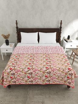 JAIPUR FABRIC - Anokhi Pink Pure Cotton Floral Reversible Dohar (Double)