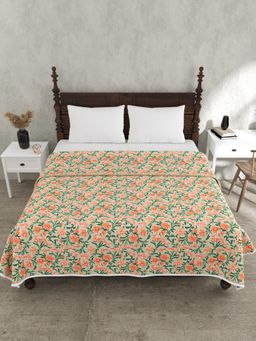 JAIPUR FABRIC - 240 Tc Pure Cotton Floral Printed Orange Dohar (Double)