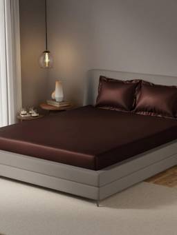 JAIPUR FABRIC - 350 Tc Ultra Silk Solid Brown Fitted Bedsheet with 2 Pillow Covers (Double)