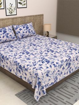 JAIPUR FABRIC - 300 Tc Pure Cotton Blue Floral Bedsheet with 2 Pillow Cover (King)