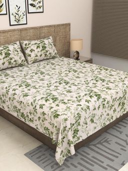 JAIPUR FABRIC - 300 Tc Pure Cotton Green Floral Bedsheet with 2 Pillow Cover (King)