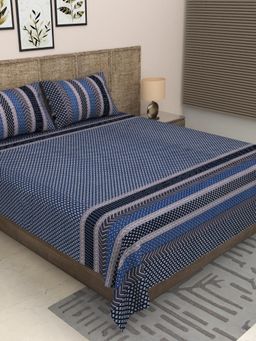 JAIPUR FABRIC - 300 Tc Pure Cotton Navy Blue Floral Bedsheet with 2 Pillow Cover (King)