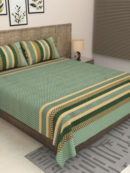JAIPUR FABRIC - 300 Tc Pure Cotton Green Floral Bedsheet with 2 Pillow Cover (King)