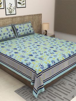 JAIPUR FABRIC - 300 Tc Pure Cotton Blue Floral Bedsheet with 2 Pillow Cover (King)